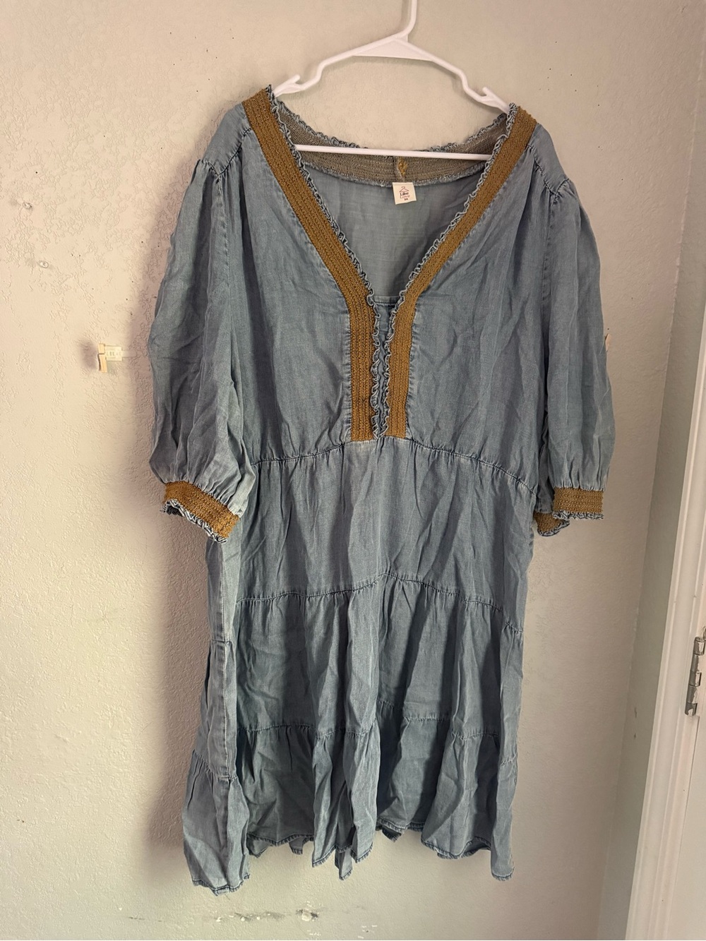 Like Love women’s 3X Blue A-Line V-Neck Knee Dress 3/4 Puff Sleeve Lace